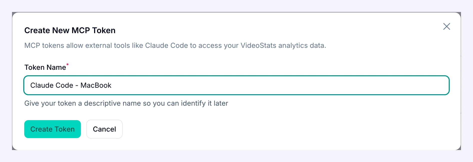The Create New MCP Token dialog, with the Token Name field filled in as "Claude Code - MacBook" and a Create Token button