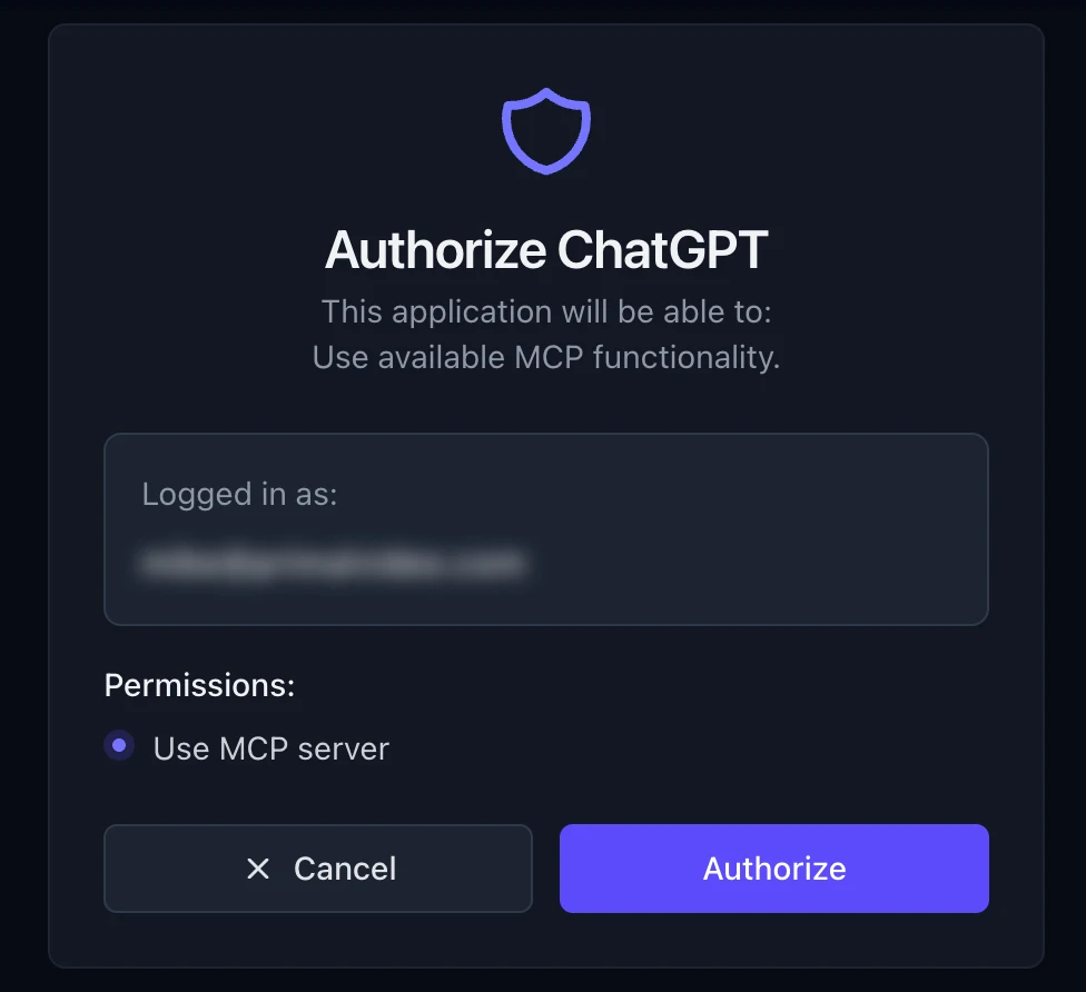 The Video Stats authorization screen: "Authorize ChatGPT", the signed-in account (blurred), the "Use MCP server" permission, and Cancel and Authorize buttons