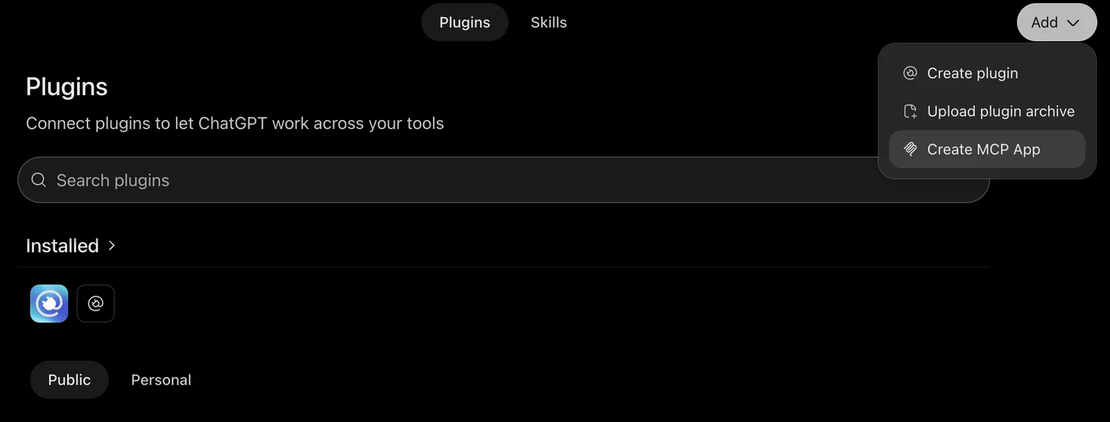 The ChatGPT Plugins directory with the Add menu open, showing Create plugin, Upload plugin archive and Create MCP App, with Create MCP App highlighted