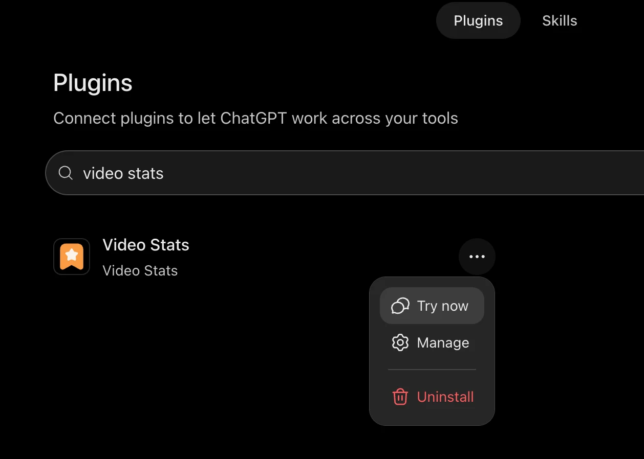 The ChatGPT Plugins page with "video stats" in the search box, and the menu next to Video Stats open, showing Try now, Manage and Uninstall
