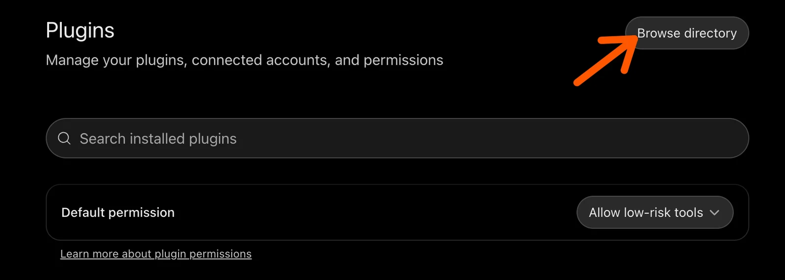 ChatGPT Settings, Plugins page: "Manage your plugins, connected accounts, and permissions", with an arrow pointing to the Browse directory button