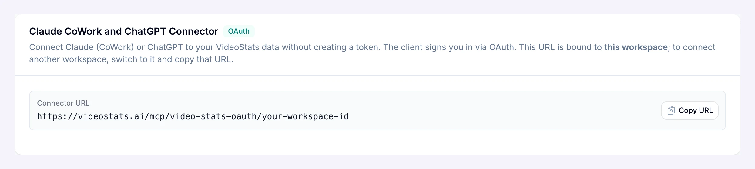 Video Stats Settings, MCP tab: the Claude CoWork and ChatGPT Connector section with the connector URL and a Copy URL button