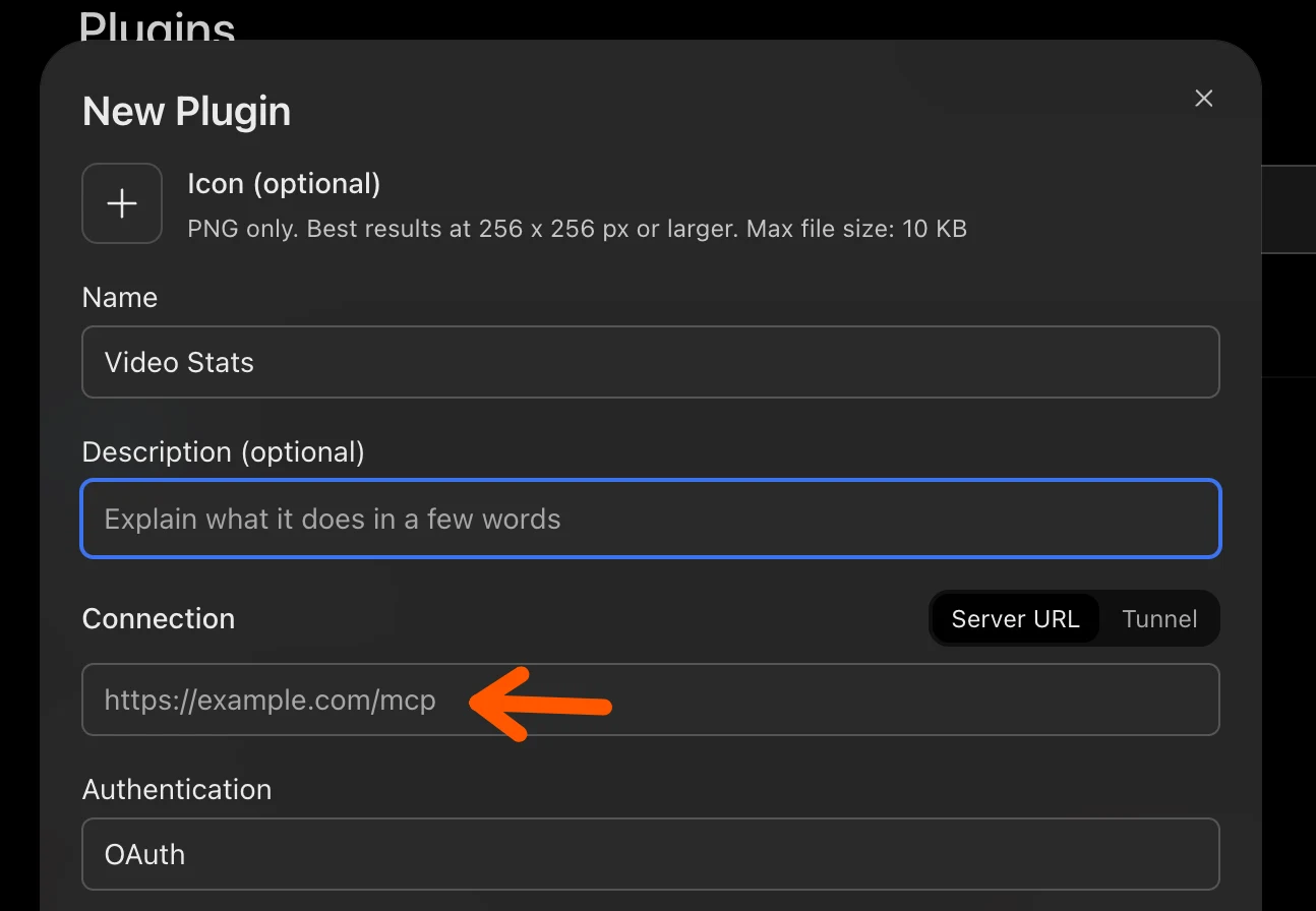 The ChatGPT New Plugin form: Name "Video Stats", an optional description, Connection set to Server URL with an arrow pointing to the URL field, and Authentication set to OAuth