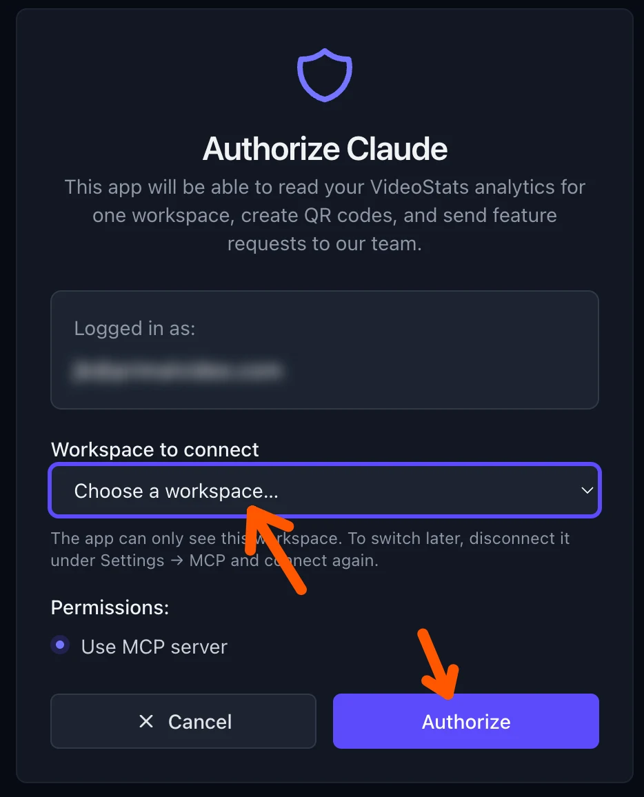 The Video Stats "Authorize Claude" screen: what the app will be able to do, the signed-in account (blurred), a "Workspace to connect" dropdown and an Authorize button, with arrows pointing to both