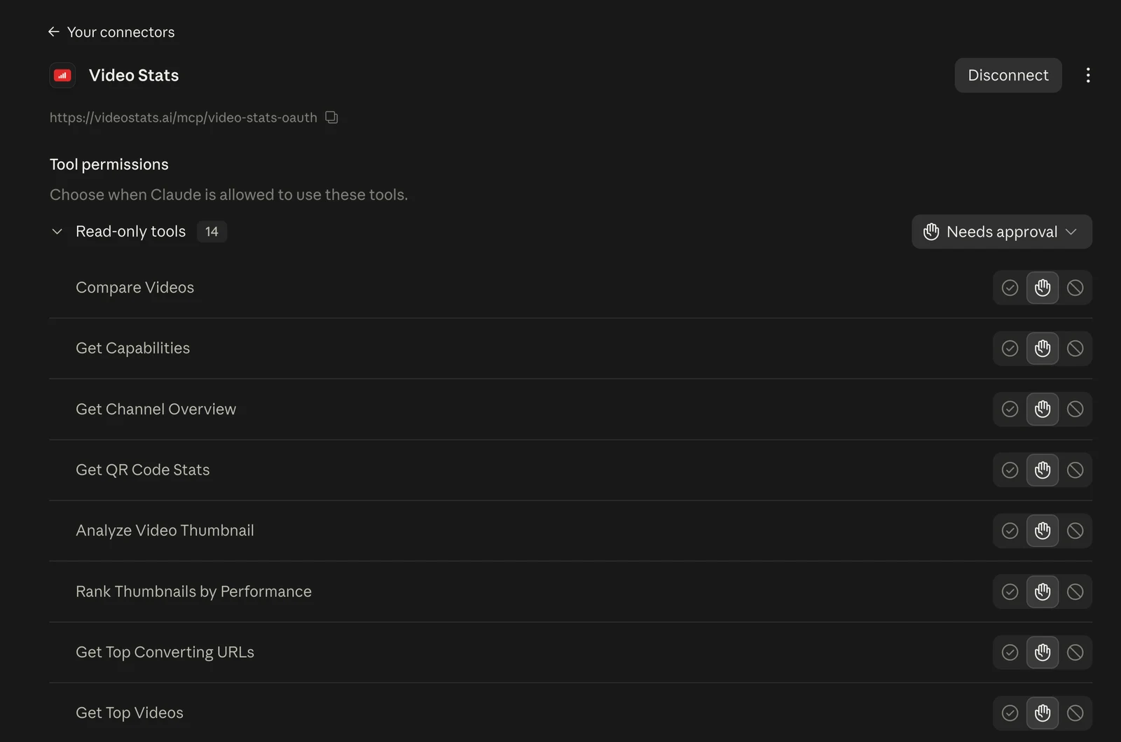 The Video Stats connector page in Claude: the connector URL, a Disconnect button, and Tool permissions with 14 read-only tools set to "Needs approval", each with allow, needs approval and block options