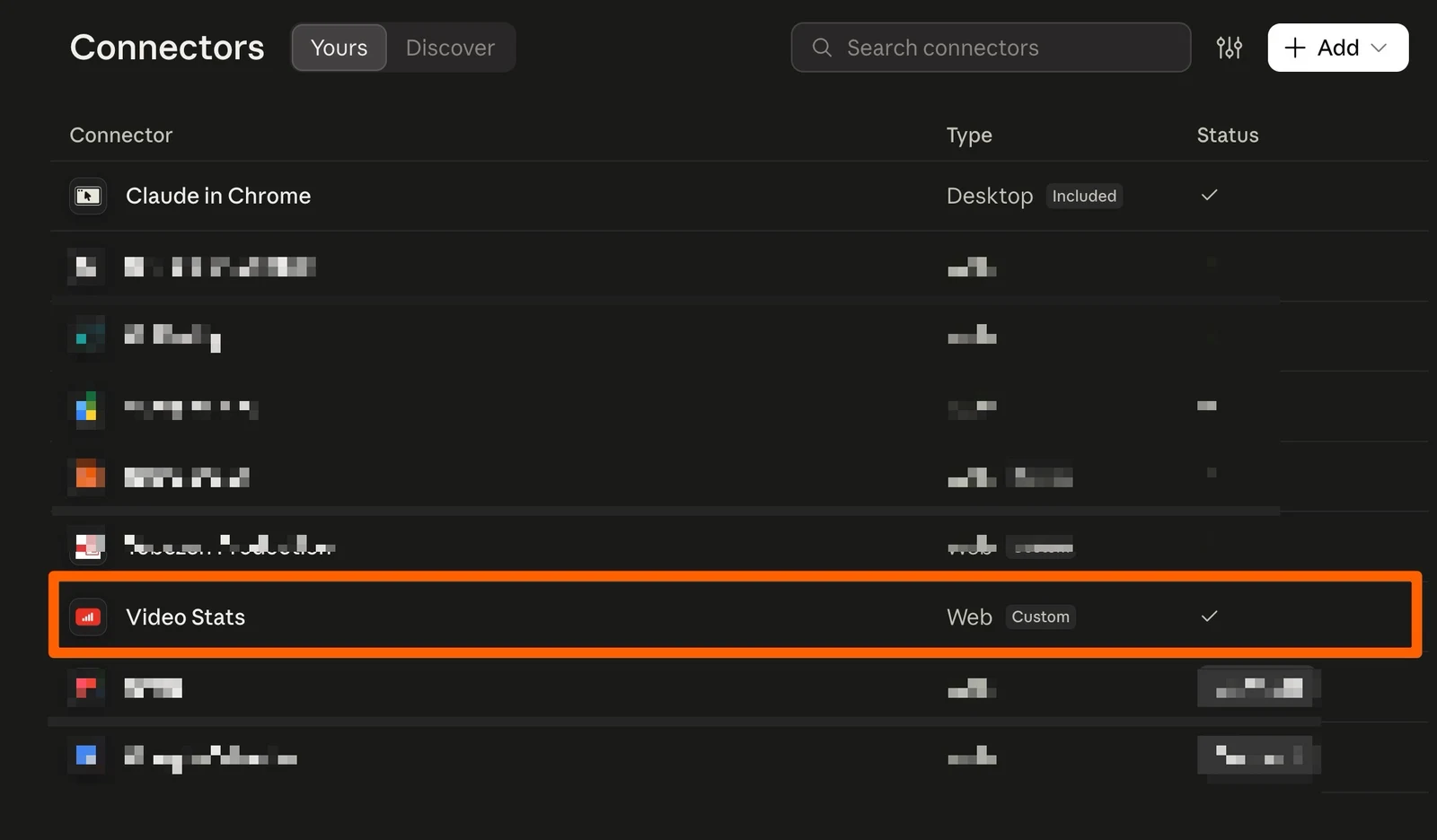 Claude's Connectors list on the Yours tab, with Video Stats highlighted: type Web, Custom, and a tick in the Status column (other connectors blurred)