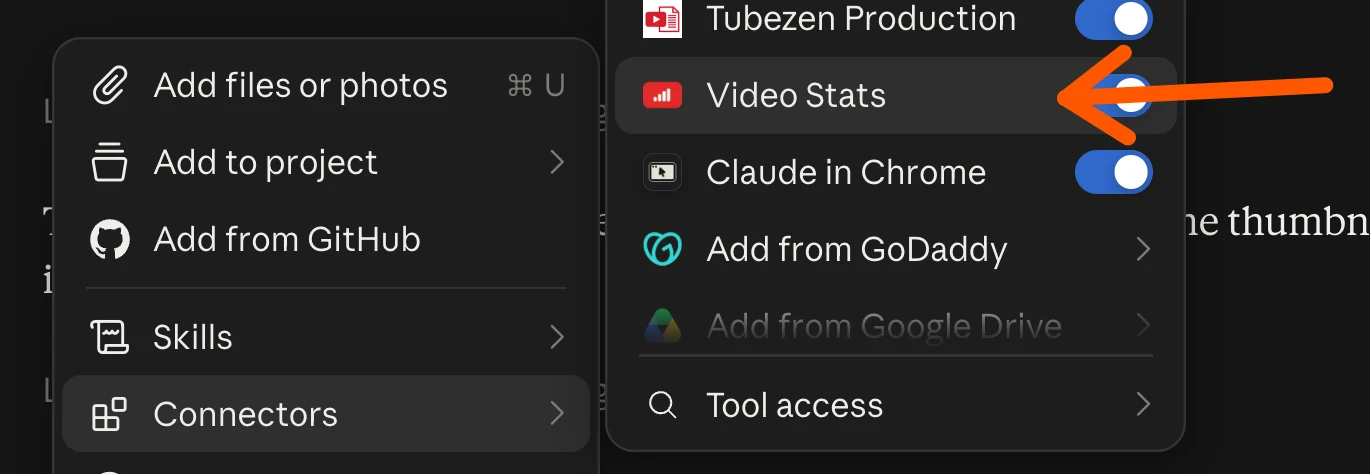 The + menu in a Claude chat with Connectors open, and an arrow pointing to the Video Stats switch, turned on