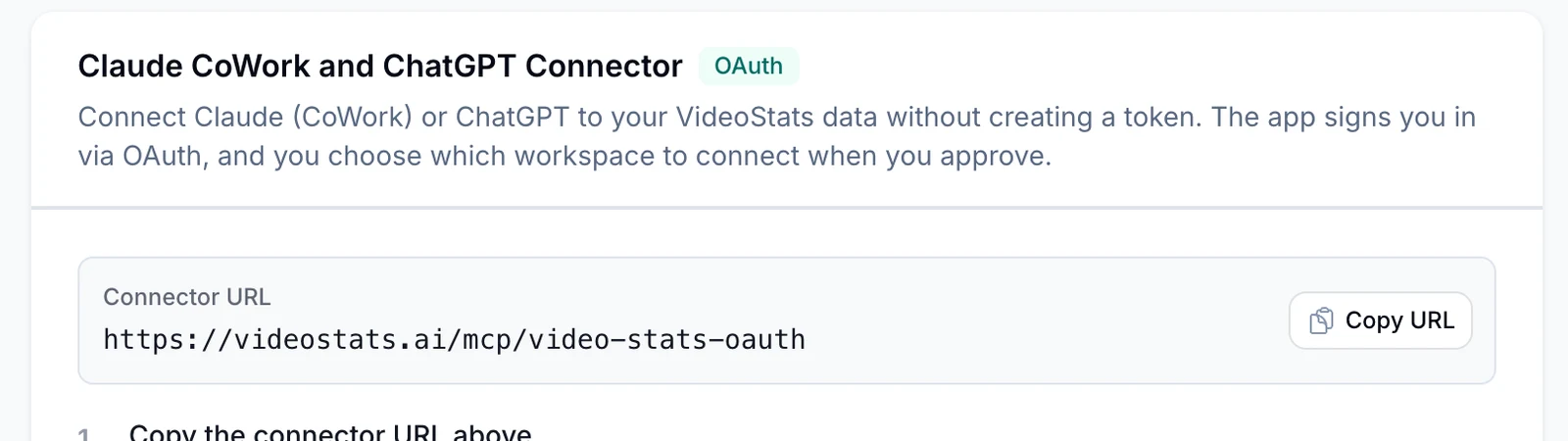 Video Stats Settings, MCP tab: the Claude CoWork and ChatGPT Connector section, with the connector URL https://videostats.ai/mcp/video-stats-oauth and a Copy URL button