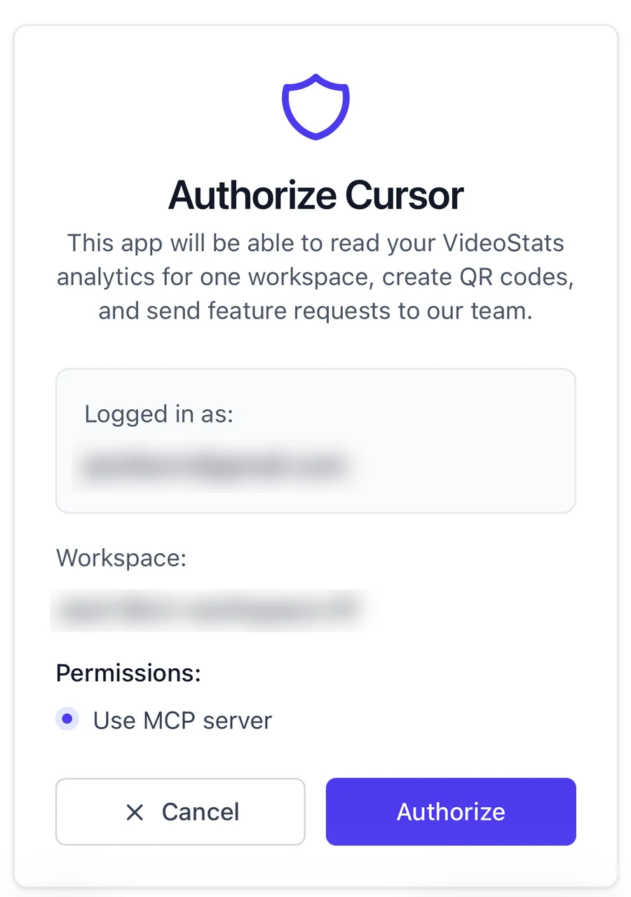 The Video Stats authorization screen in the phone's browser: "Authorize Cursor", the signed-in account and workspace (blurred), the "Use MCP server" permission, and Cancel and Authorize buttons
