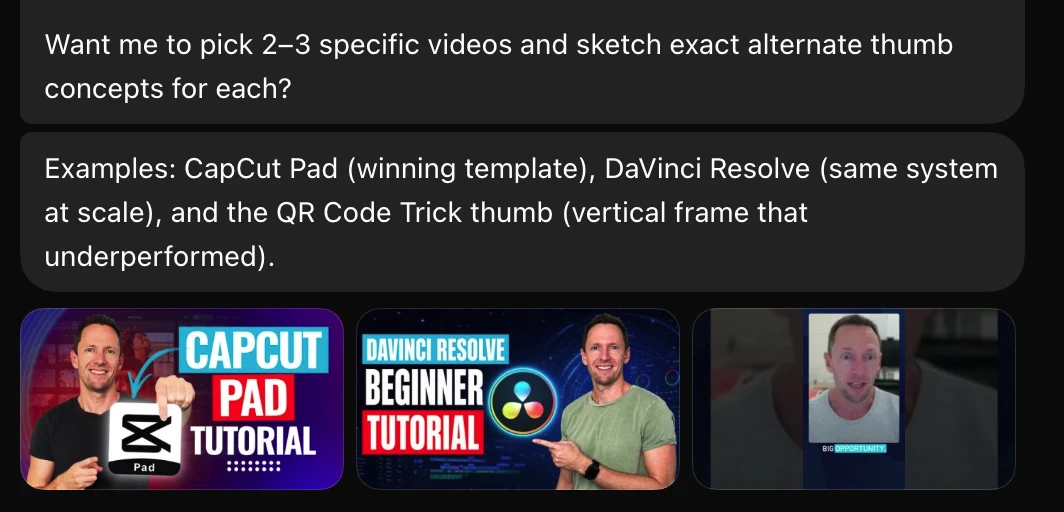 Grok Bot offering to sketch alternate thumbnail concepts for three videos, CapCut Pad (winning template), DaVinci Resolve (same system at scale) and the QR Code Trick (a vertical frame that underperformed), with the three thumbnails displayed below