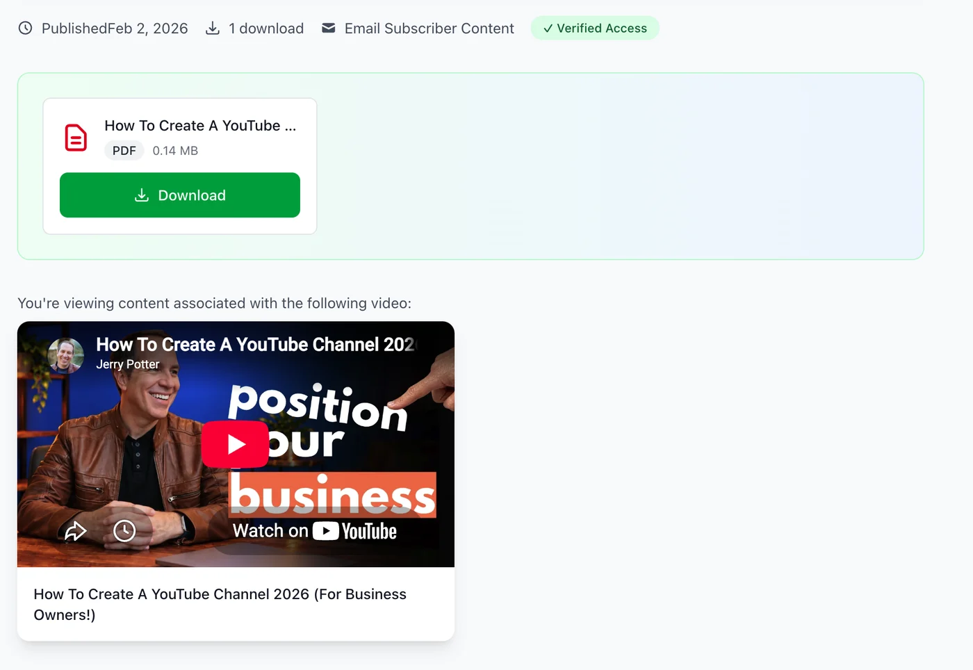 The page a subscriber sees after verifying their email: a Verified Access badge, a PDF with a Download button, and the YouTube video the content is associated with