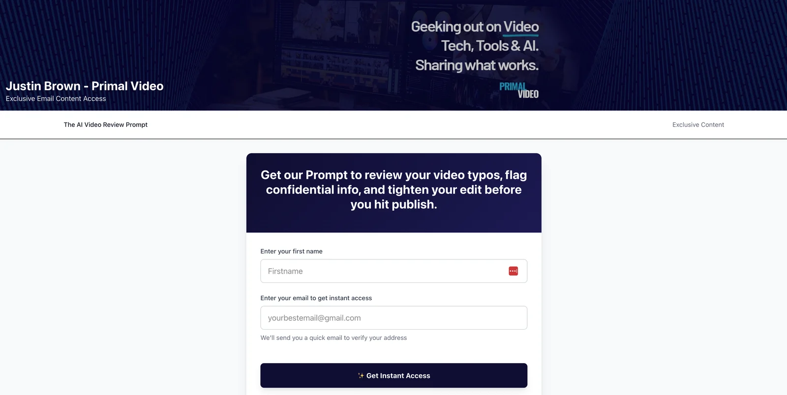 A Primal Video opt-in page with the channel banner, the offer "Get our Prompt to review your video typos, flag confidential info, and tighten your edit before you hit publish", first name and email fields, and a Get Instant Access button
