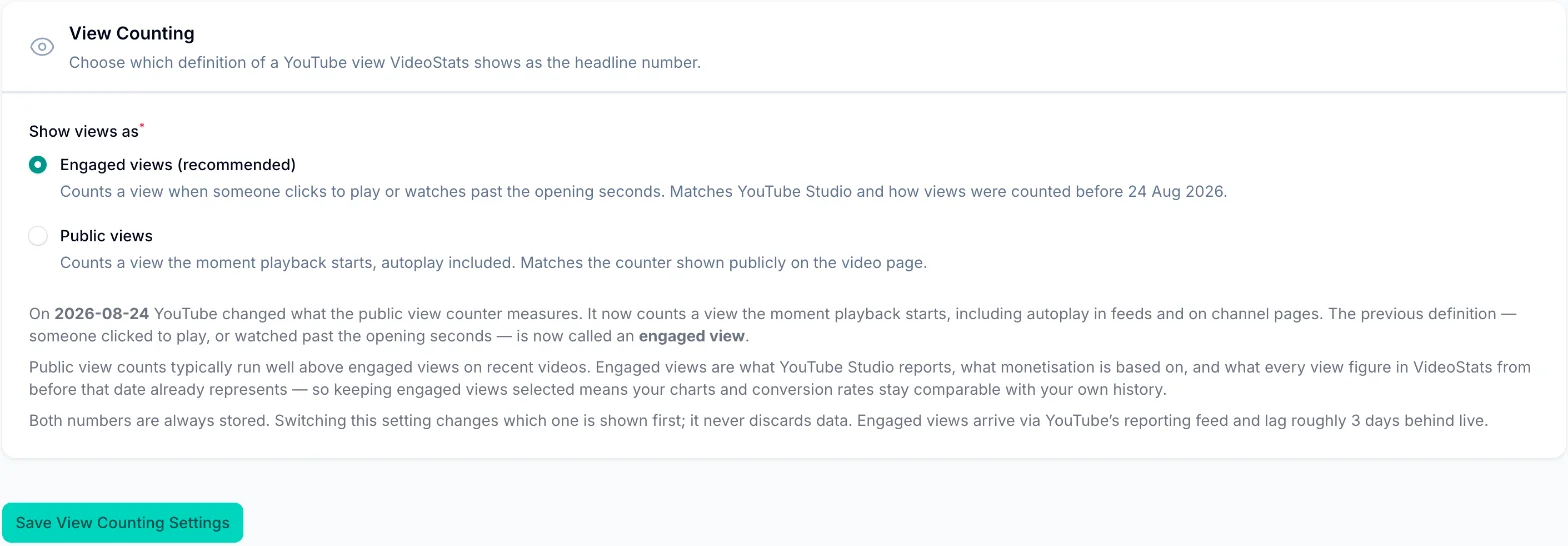 The View Counting setting, with engaged views selected as the recommended option