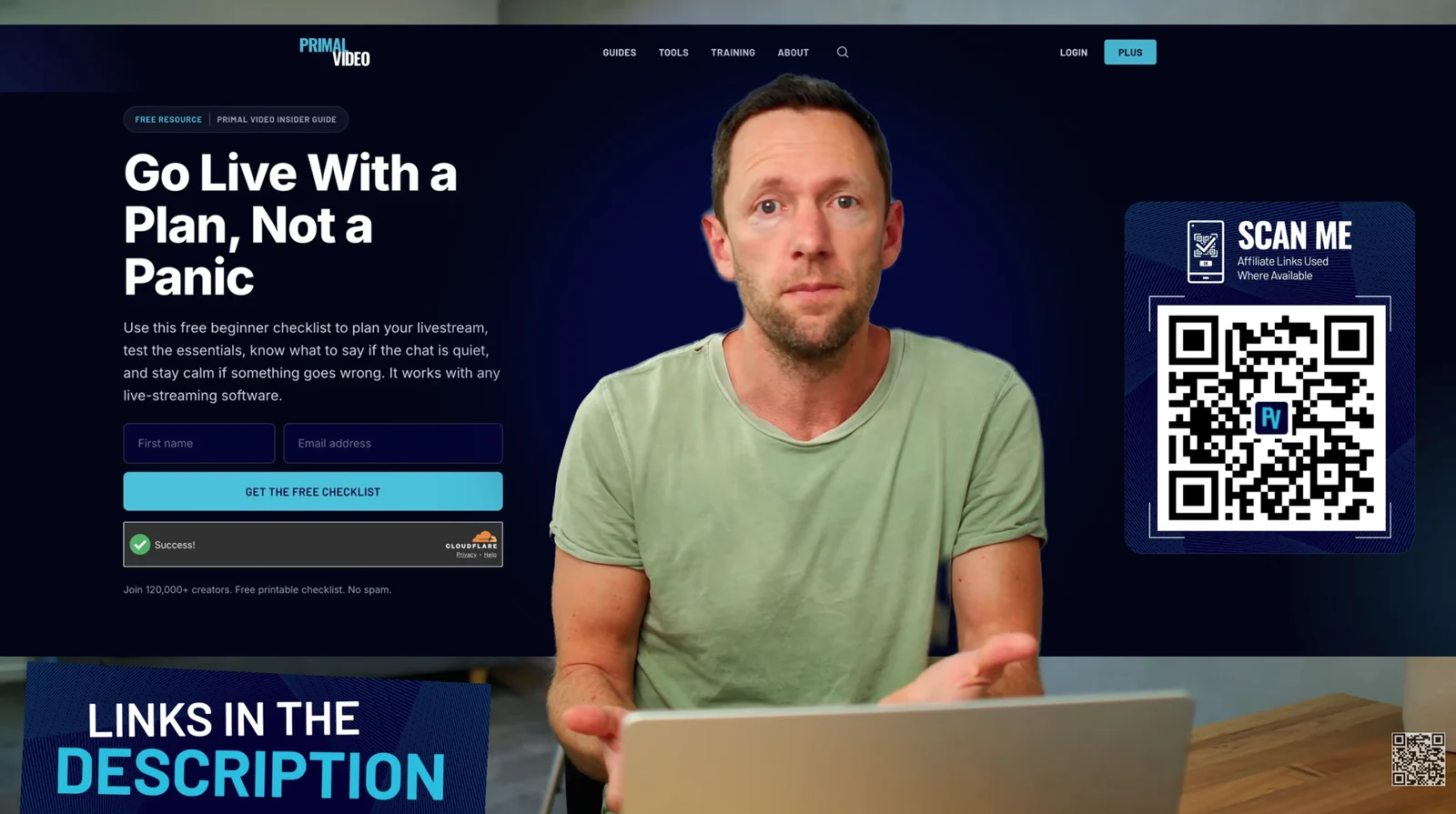 The same OBS tutorial a few seconds later: the livestream checklist page on the left, Justin in the middle, and a large "Scan me" QR code on the right, with the small QR code still in the bottom corner