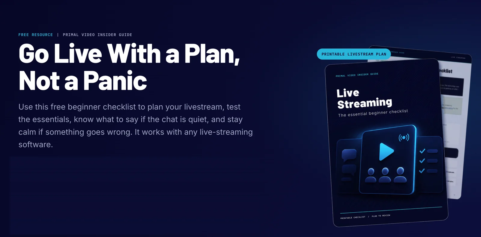 Primal Video's livestream checklist page: the headline "Go Live With a Plan, Not a Panic", a description of the free beginner checklist, and an image of the printable "Live Streaming: The essential beginner checklist" with a "Printable livestream plan" label