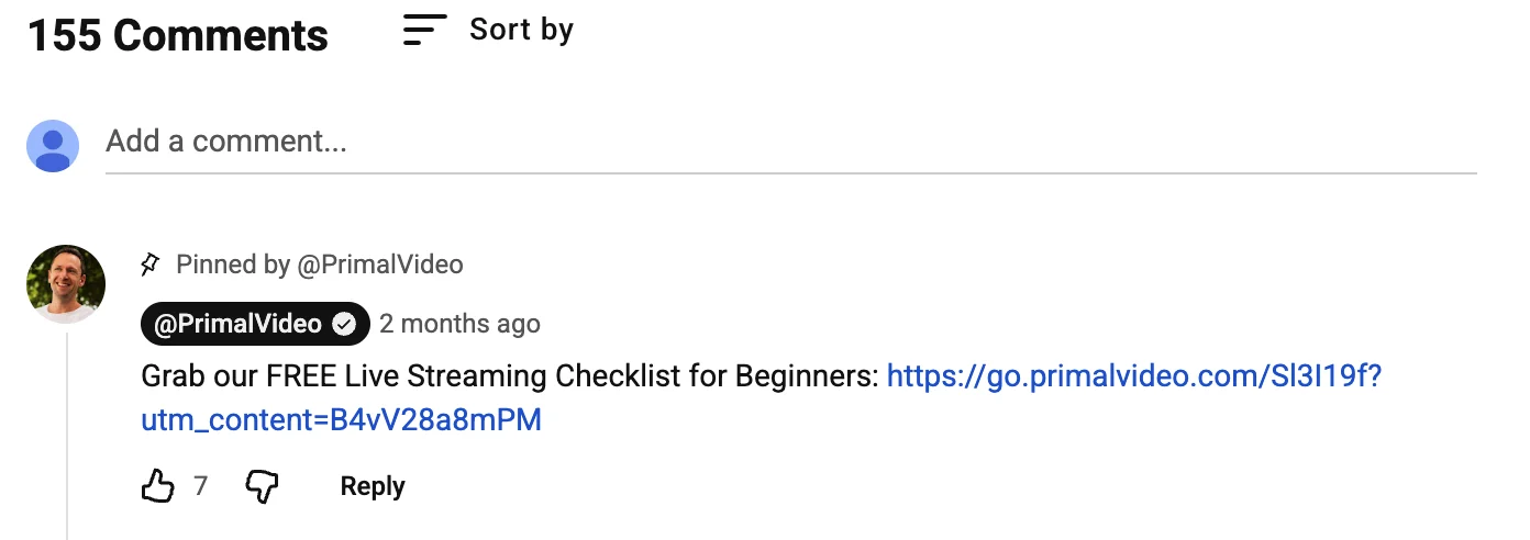 A pinned comment by @PrimalVideo on the OBS tutorial: "Grab our FREE Live Streaming Checklist for Beginners", followed by the tracked link