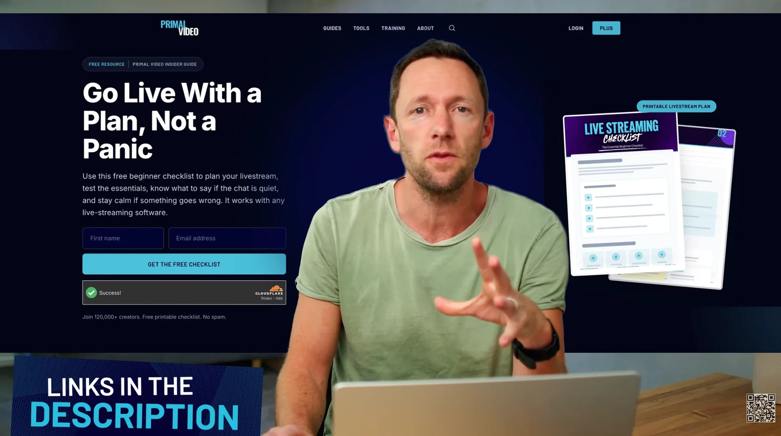 A frame from Primal Video's OBS tutorial: Justin Brown talking to camera in front of the livestream checklist page, "Go Live With a Plan, Not a Panic", with an image of the printable checklist and a "Links in the description" banner at the bottom