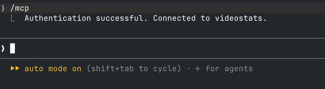 Claude Code after /mcp: "Authentication successful. Connected to videostats."