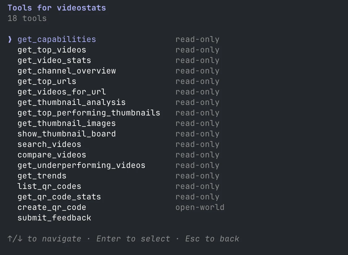 The list of 18 Video Stats tools in Claude Code, such as get_top_videos, get_top_urls, get_thumbnail_analysis, show_thumbnail_board, get_underperforming_videos and get_trends marked read-only, plus create_qr_code and submit_feedback
