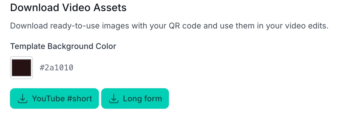 The Download Video Assets panel in Video Stats: "Download ready-to-use images with your QR code and use them in your video edits", a template background color picker, and buttons to download the YouTube #short and Long form versions