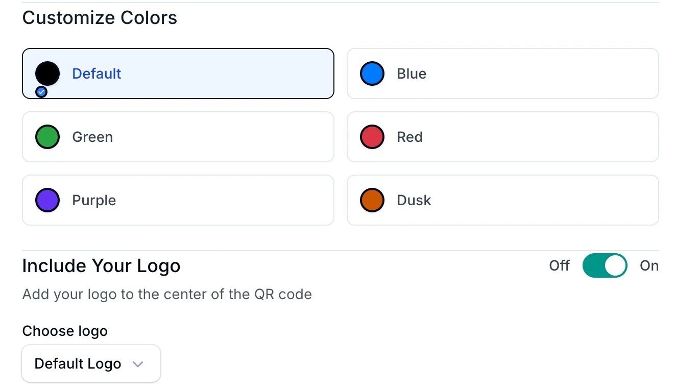 The Video Stats QR code settings: color presets (Default, Blue, Green, Red, Purple and Dusk), an "Include Your Logo" switch to add your logo to the center of the code, and a "Choose logo" menu