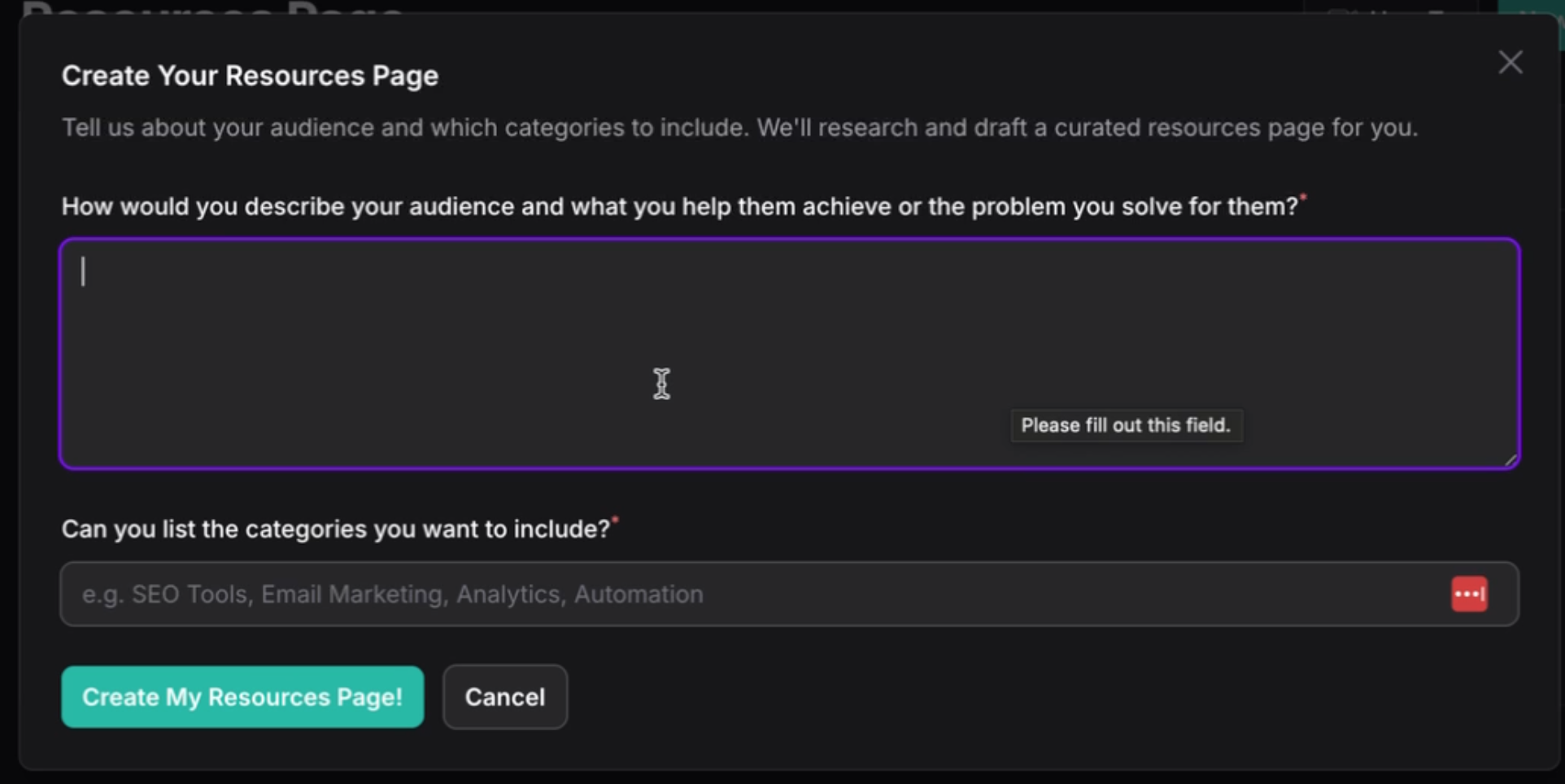 Wizard for creating your Resources Page